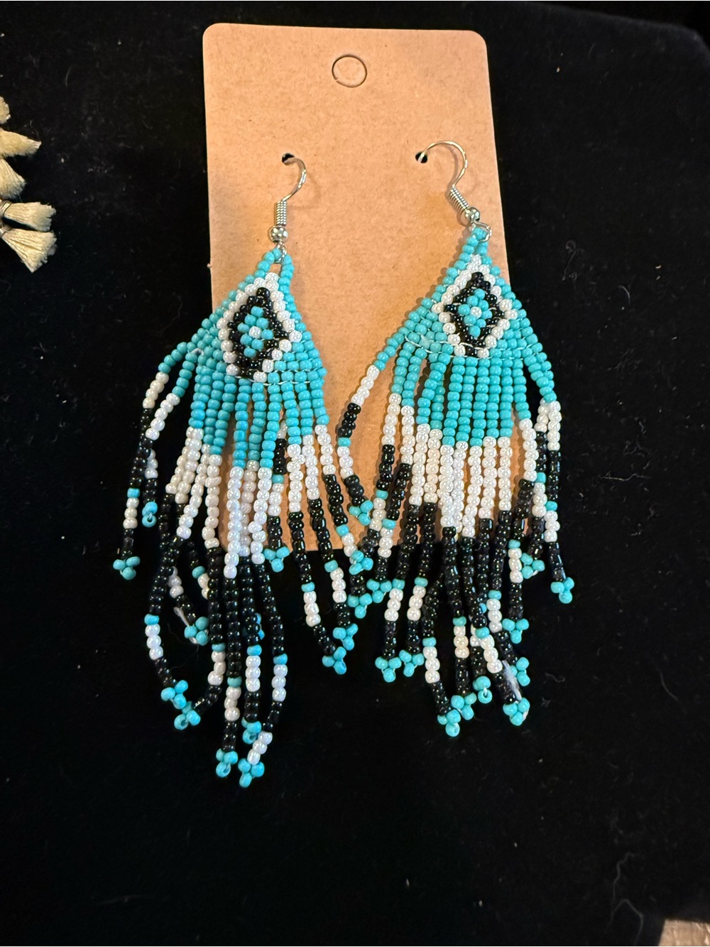 Handmade Turquoise, White & Black Beaded Fringe Earrings - Women Jewelry